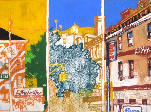 St Marks Place, 3-Panel; 
Oil Pastel/Paper, 2015; 
18 x 24 in.